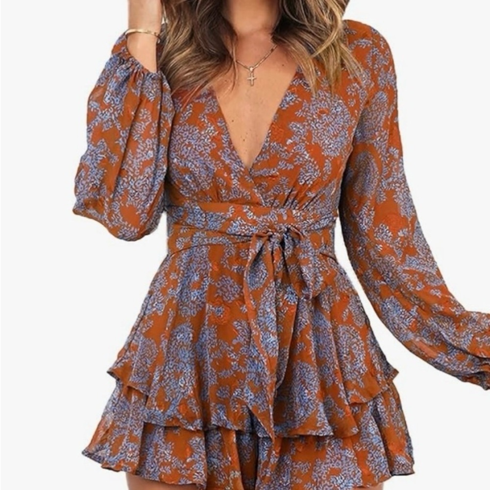 Relipop Floral Wrap Dress in Rust and Blue NWOT S length 29”, pit-to-pit 18” - Picture 2 of 8